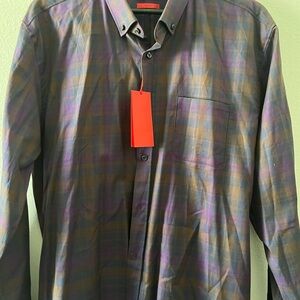 HUGO BOSS Men's Plaid Button-Down Shirt in Olive and Purple Tones